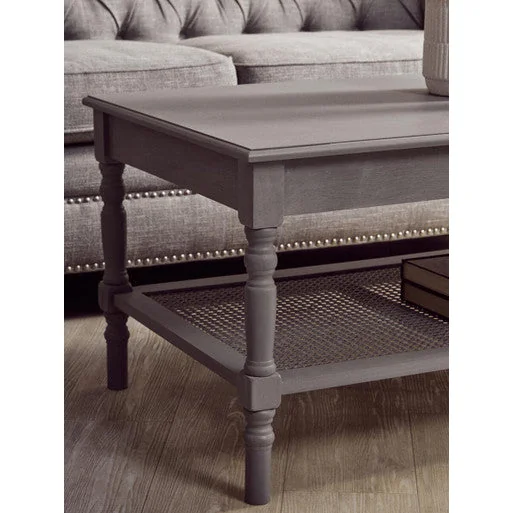 Heritage Grey Wash Wooden Coffee Table with Rattan Shelf – image 5