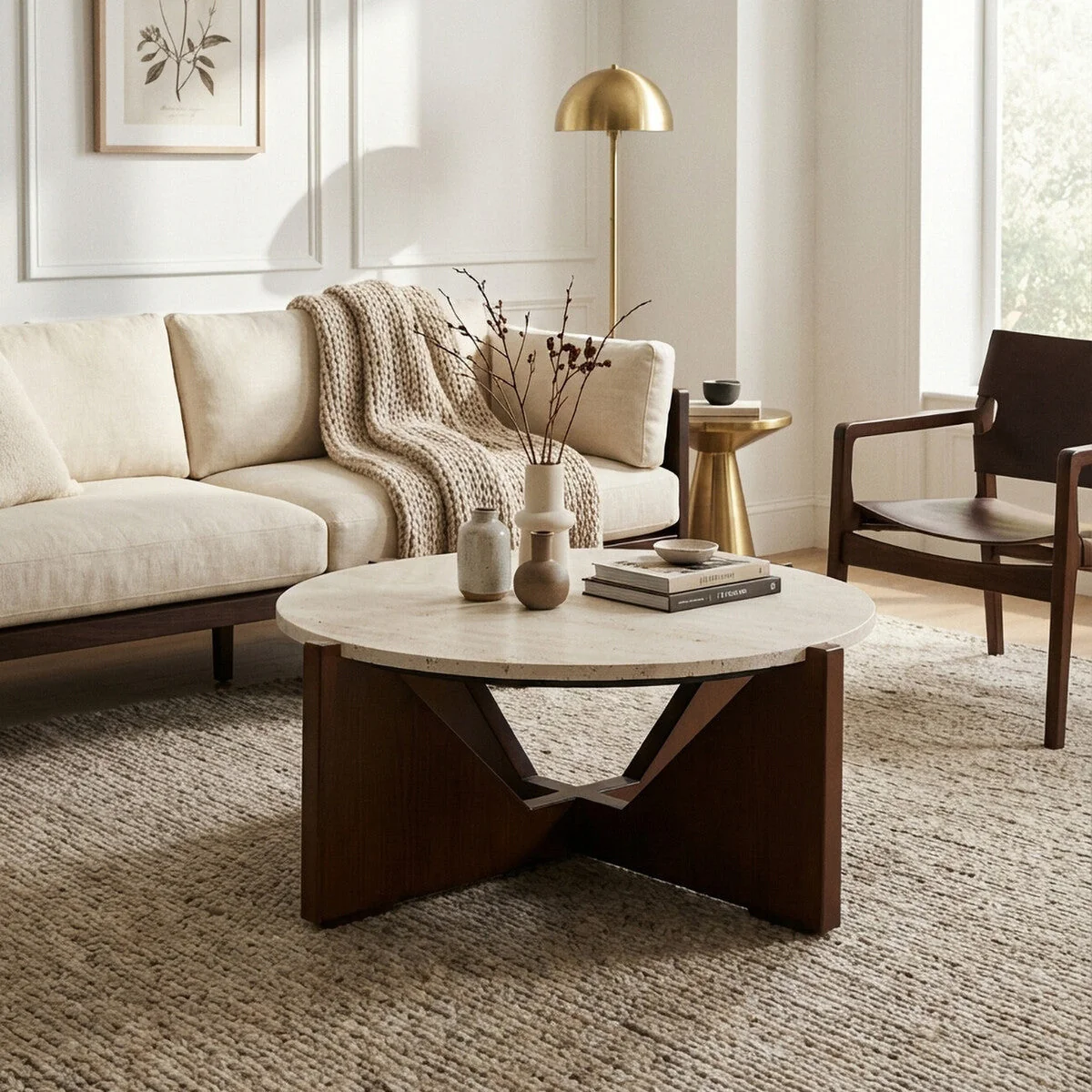 Winton Cream Travertine and Brown Finish Acacia Wood Coffee Table – image 3