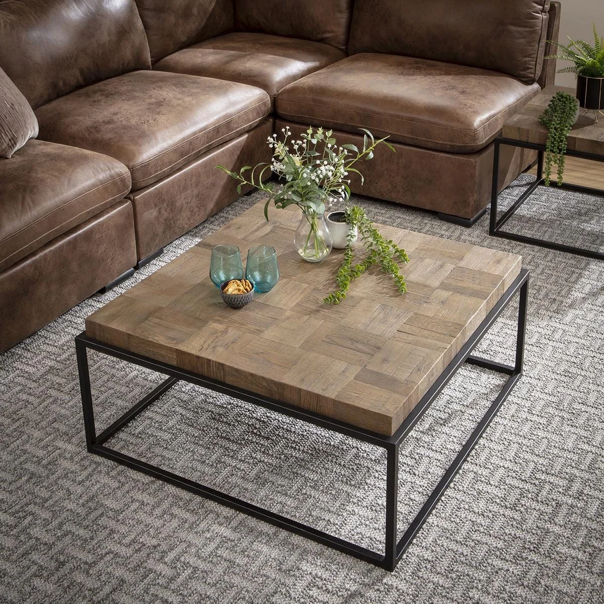 Large Wooden Square Coffee Table Industrial Reclaimed Oak Metal 90cm – image 1