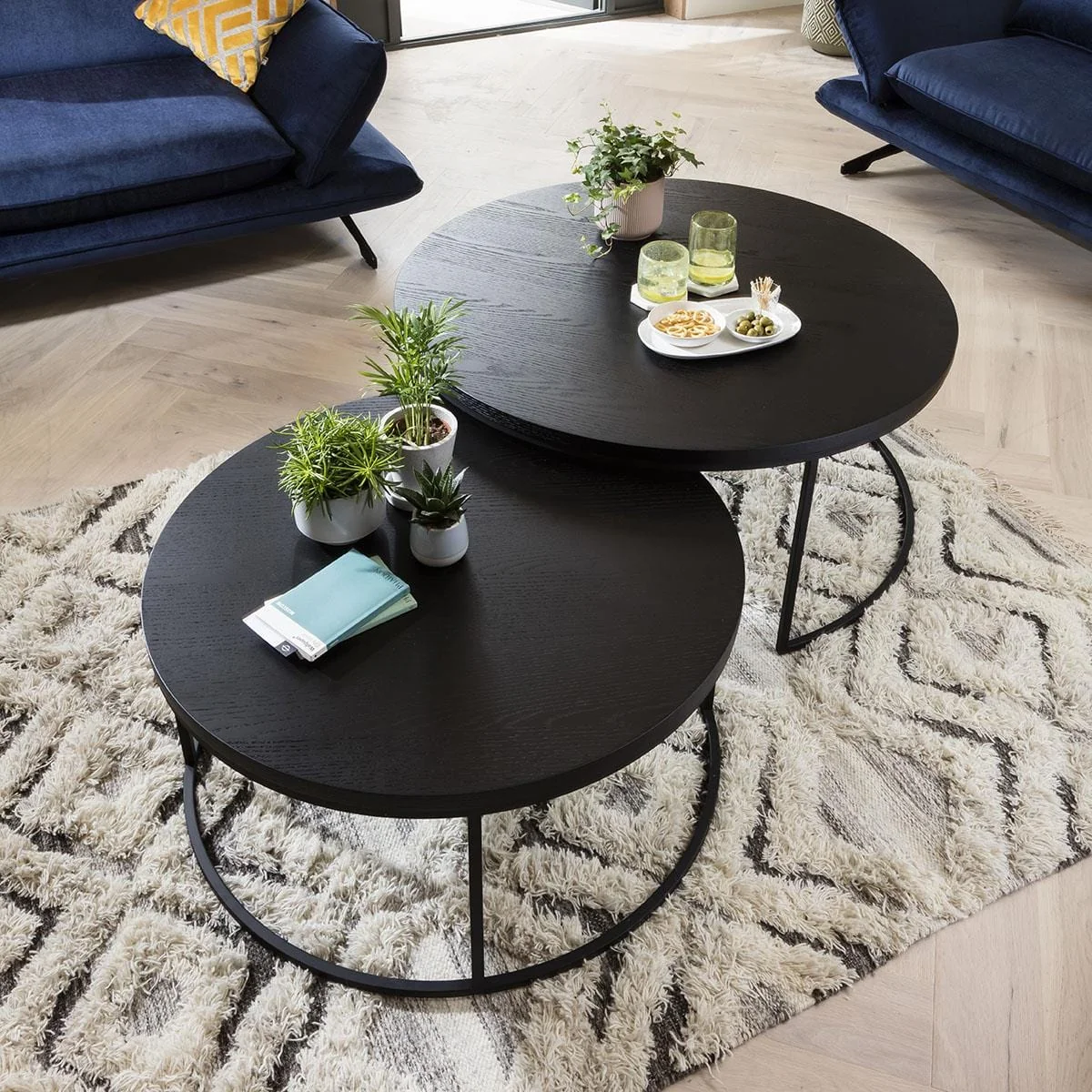 Quatropi Round Nesting Coffee Table 2-Piece Black Oak - Black Metal Base – image 2