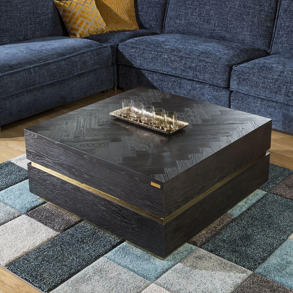 Luxury Large Black Oak herringbone Gold Square Coffee Table 900mm – image 2