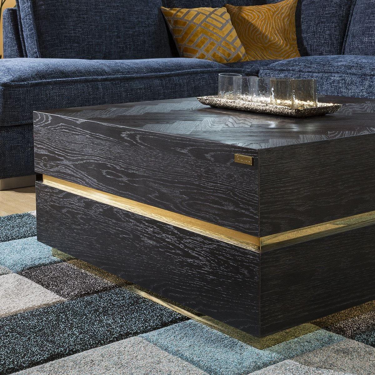 Luxury Large Black Oak herringbone Gold Square Coffee Table 900mm – image 3