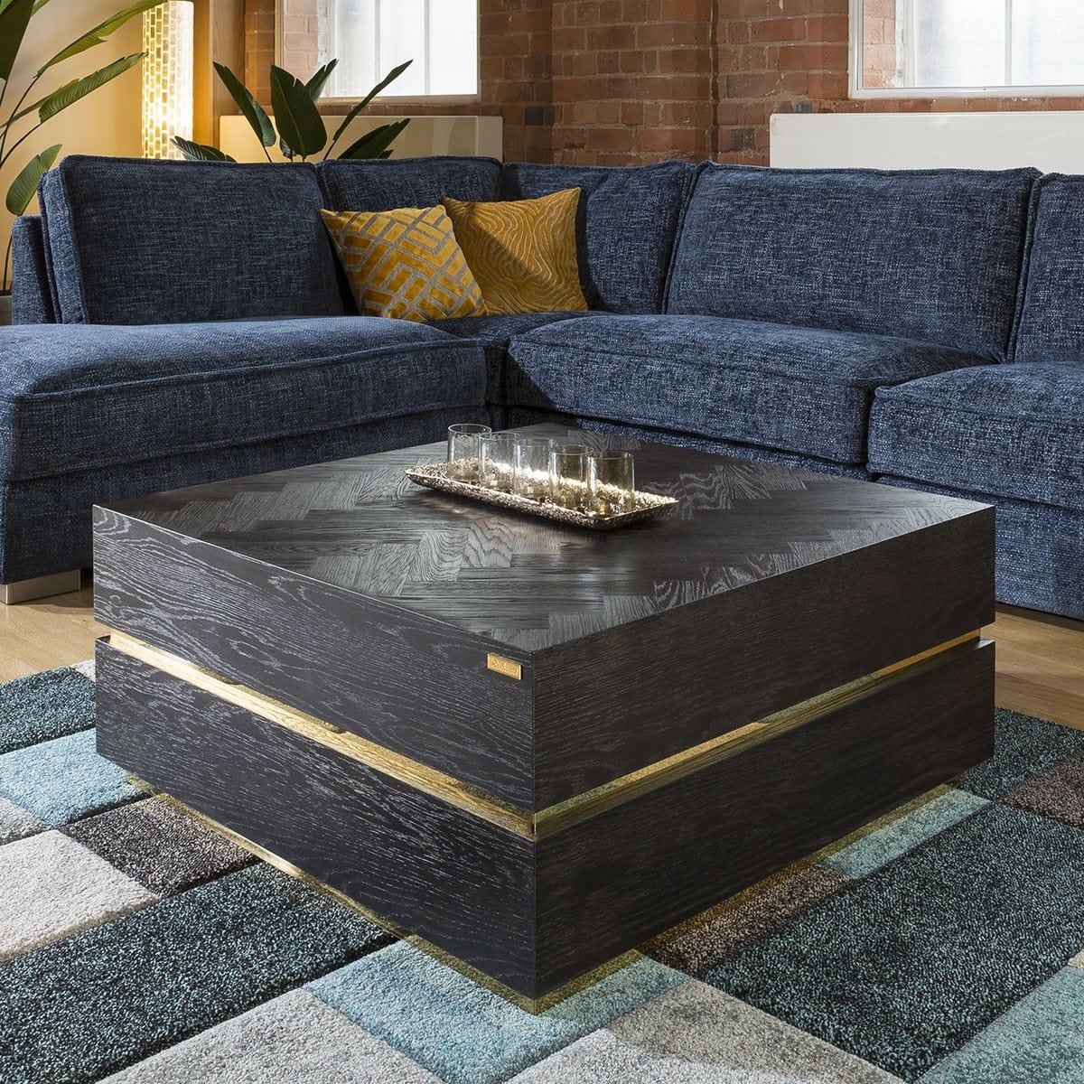 Luxury Large Black Oak herringbone Gold Square Coffee Table 900mm – image 1