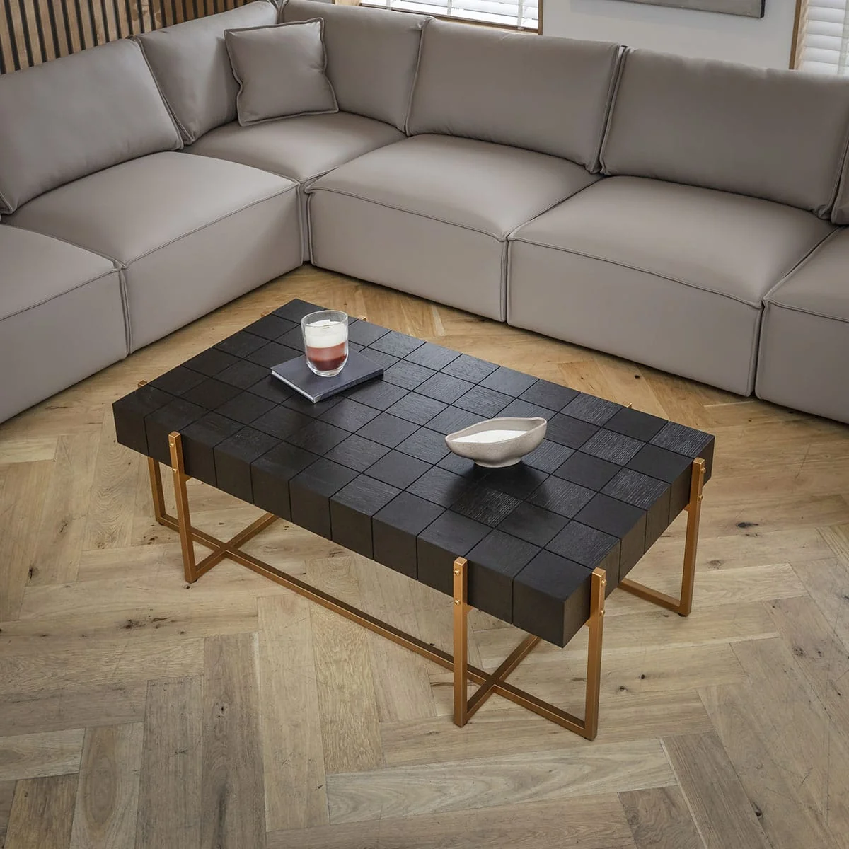 Large Rectangular Wooden Coffee Table Black Oak & Gold 138x78cm – image 2