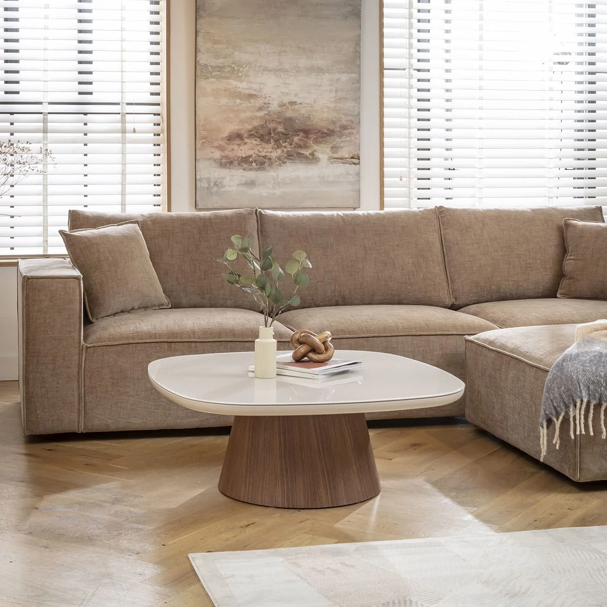 Modern Square Glass Coffee Table Matte White Walnut 100cm – image 3