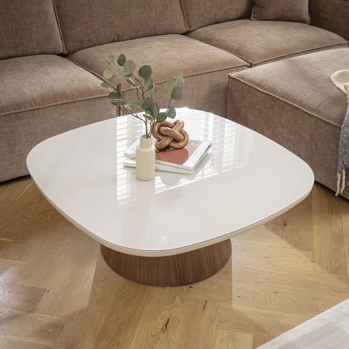 Modern Square Glass Coffee Table Matte White Walnut 100cm – image 4