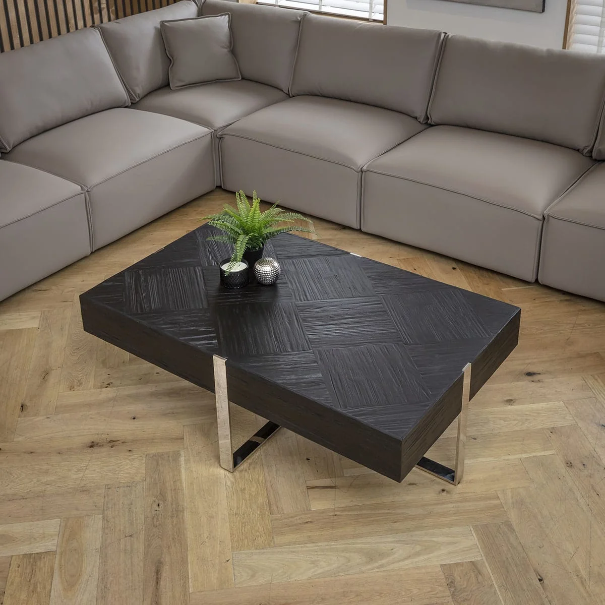 Large Rectangular Wooden Coffee Table Black Relcaimed Wood & Silver 130x80cm – image 2