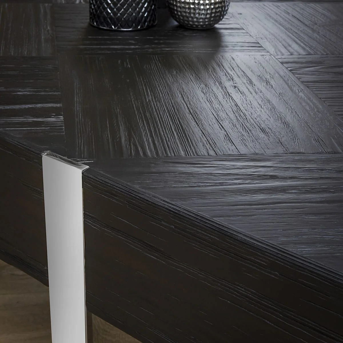 Large Rectangular Wooden Coffee Table Black Relcaimed Wood & Silver 130x80cm – image 3