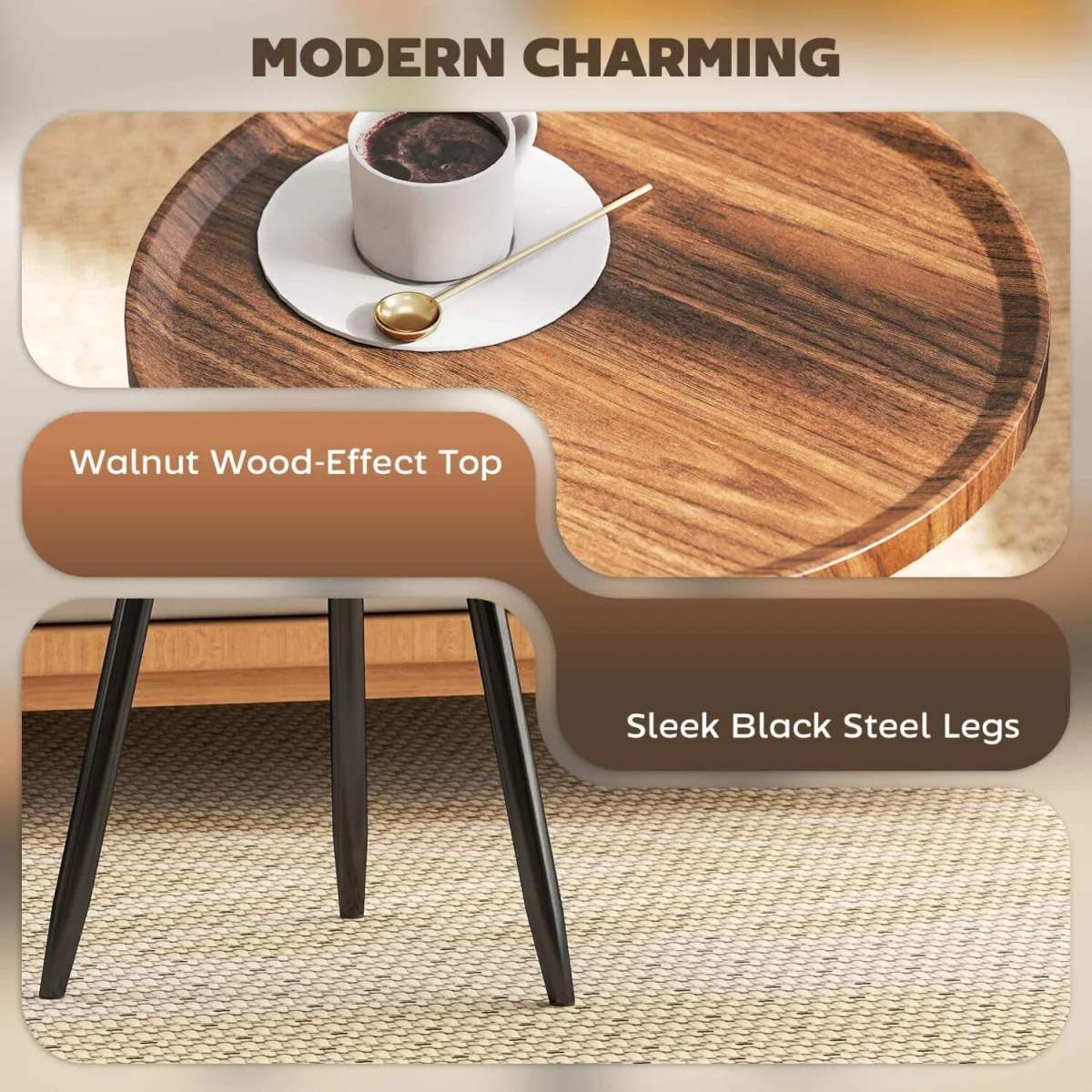 Balare Chestnut Wood-Effect Round Coffee Table with Black Steel Frame – image 2