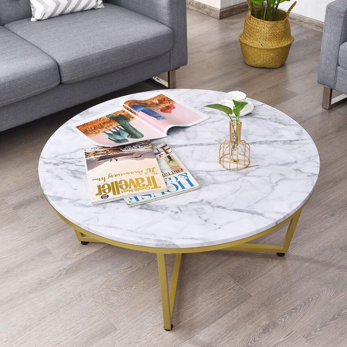 Modern Accent Faux Marble and Gold Round Coffee Table - White and Gold – image 3