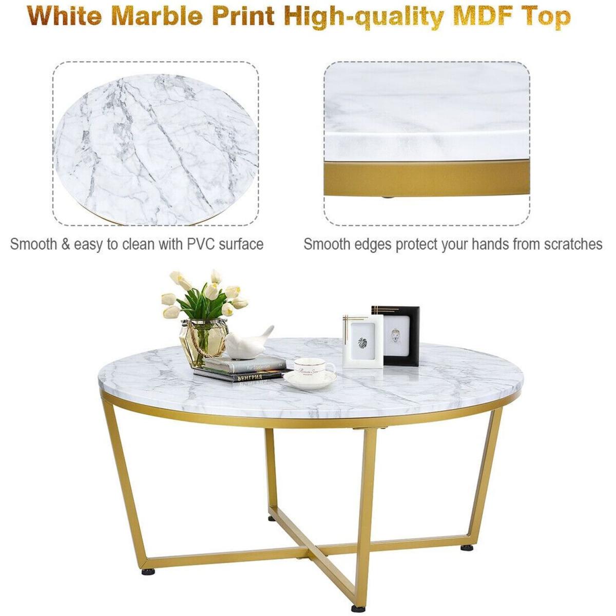 Modern Accent Faux Marble and Gold Round Coffee Table - White and Gold – image 4