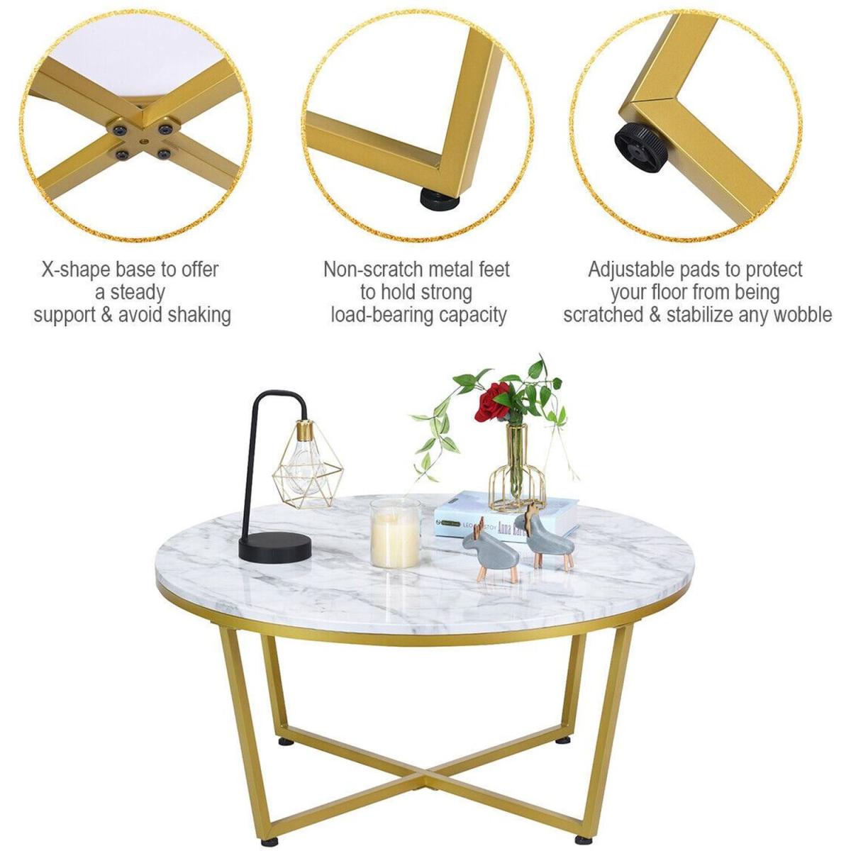 Modern Accent Faux Marble and Gold Round Coffee Table - White and Gold – image 5