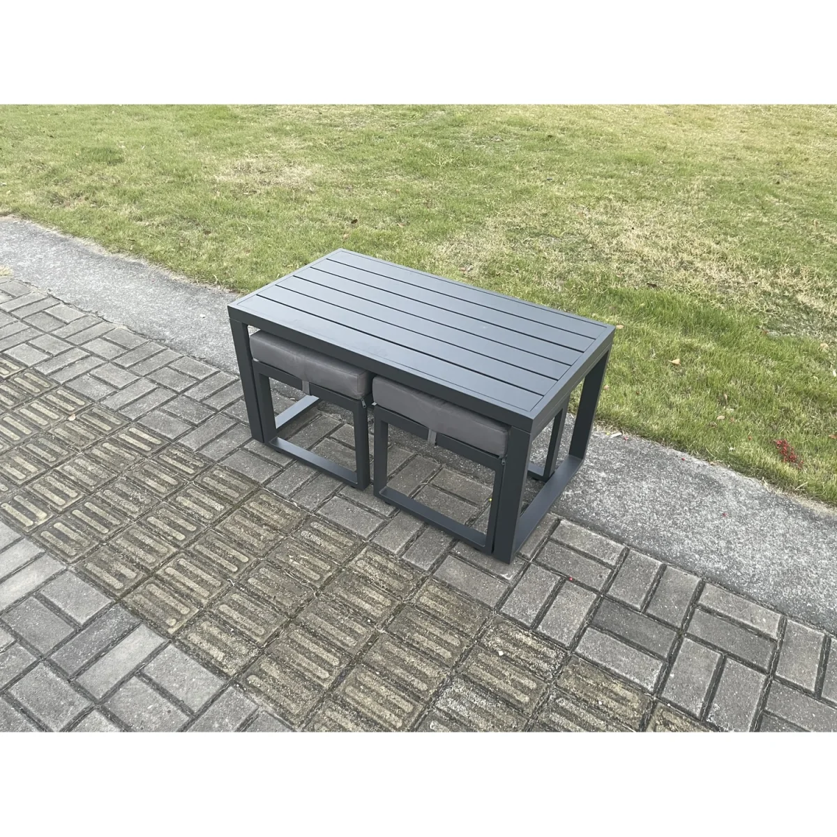 Fimous Aluminium Patio Coffee Table with 2 Small Footstools, Dark Grey - Dark Grey – image 5
