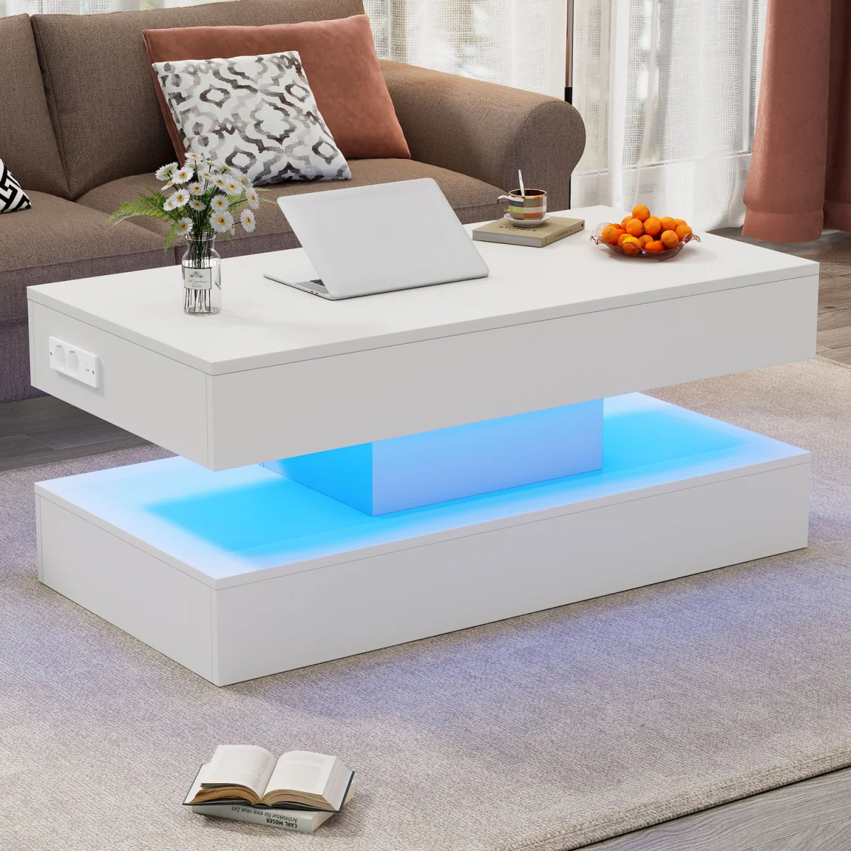 Modern Coffee Table with LED Lighting, Hidden Storage and Hydraulic Lift - White – image 2