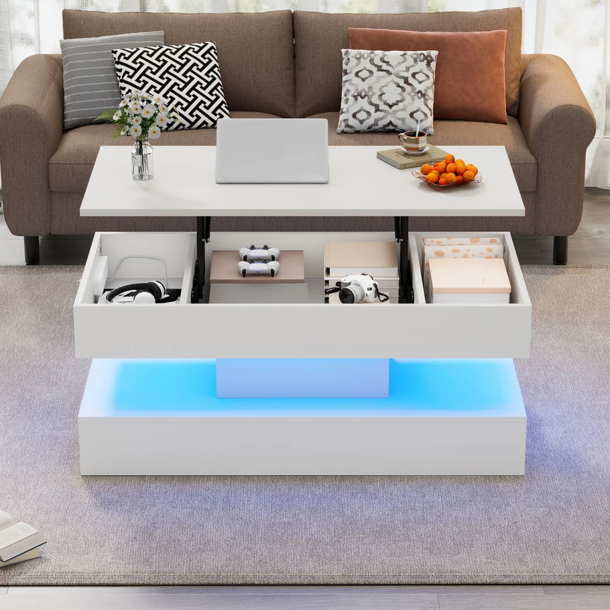 Modern Coffee Table with LED Lighting, Hidden Storage and Hydraulic Lift - White – image 3