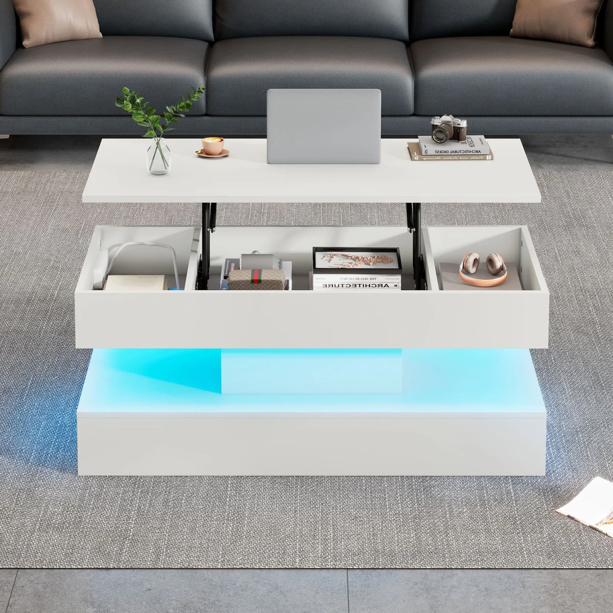 Modern Coffee Table with LED Lighting, Hidden Storage and Hydraulic Lift - White – image 4