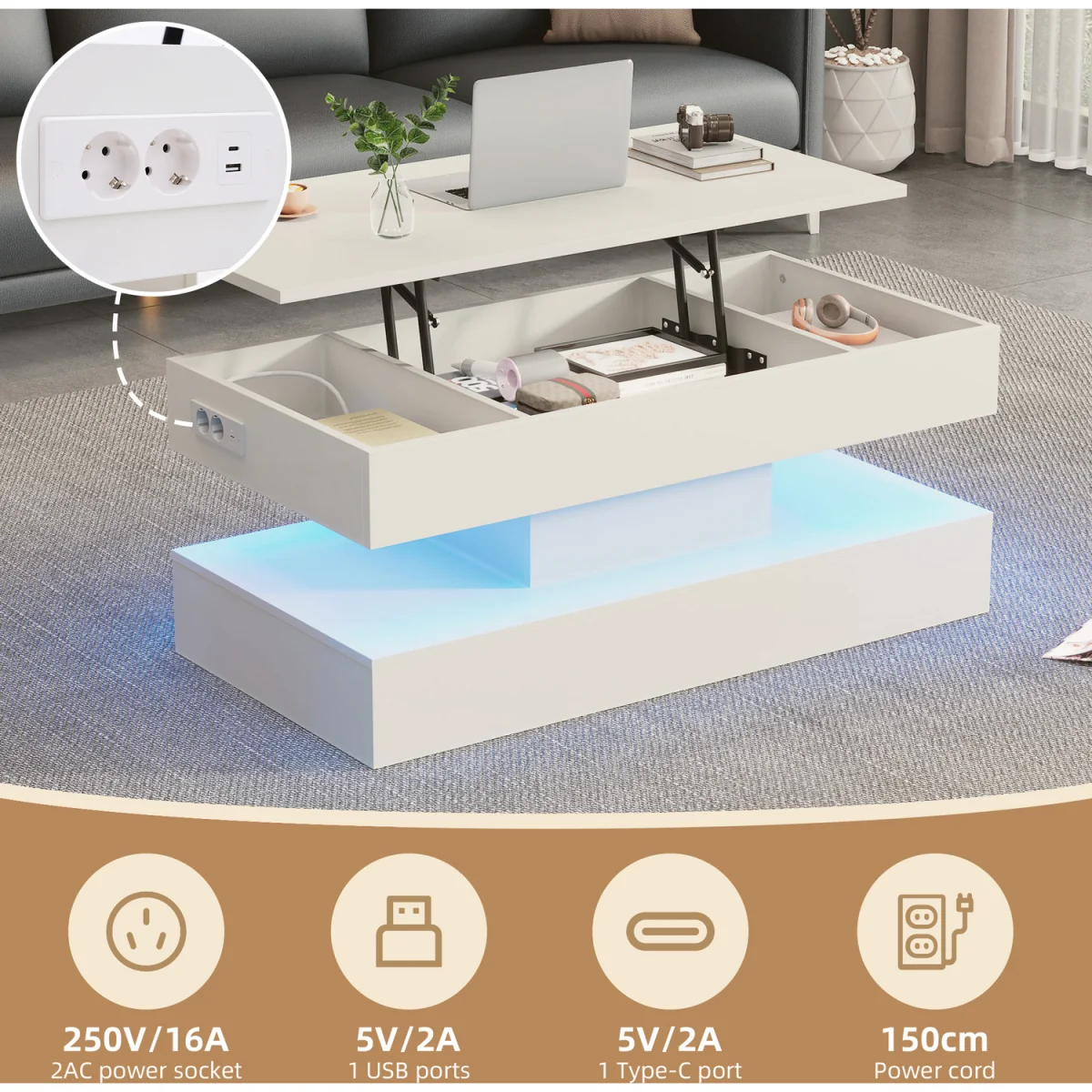 Modern Coffee Table with LED Lighting, Hidden Storage and Hydraulic Lift - White – image 6