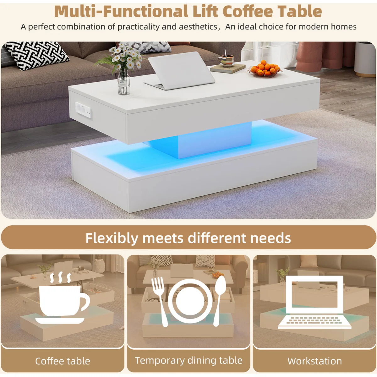 Modern Coffee Table with LED Lighting, Hidden Storage and Hydraulic Lift - White – image 7