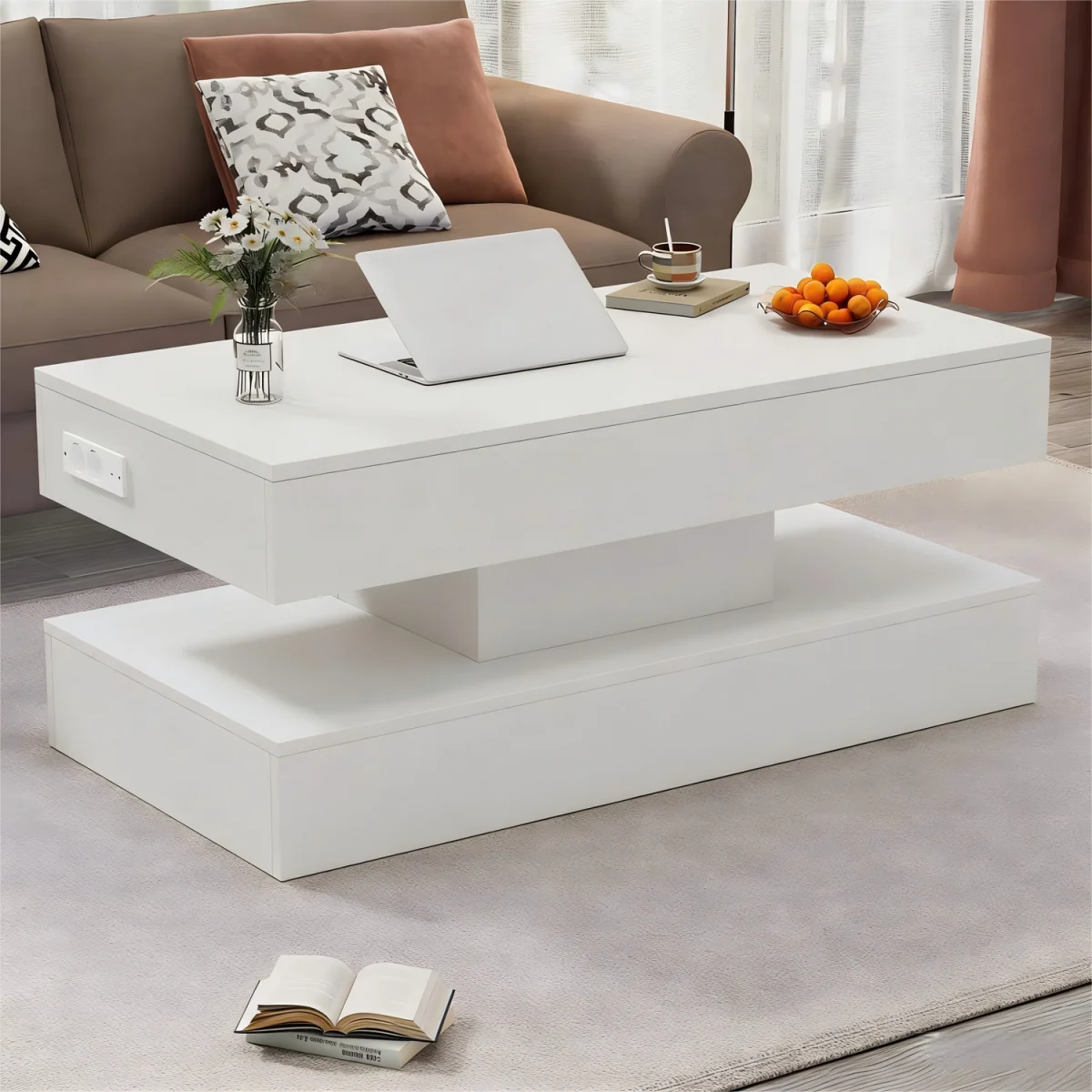 Modern Coffee Table with LED Lighting, Hidden Storage and Hydraulic Lift - White – image 8