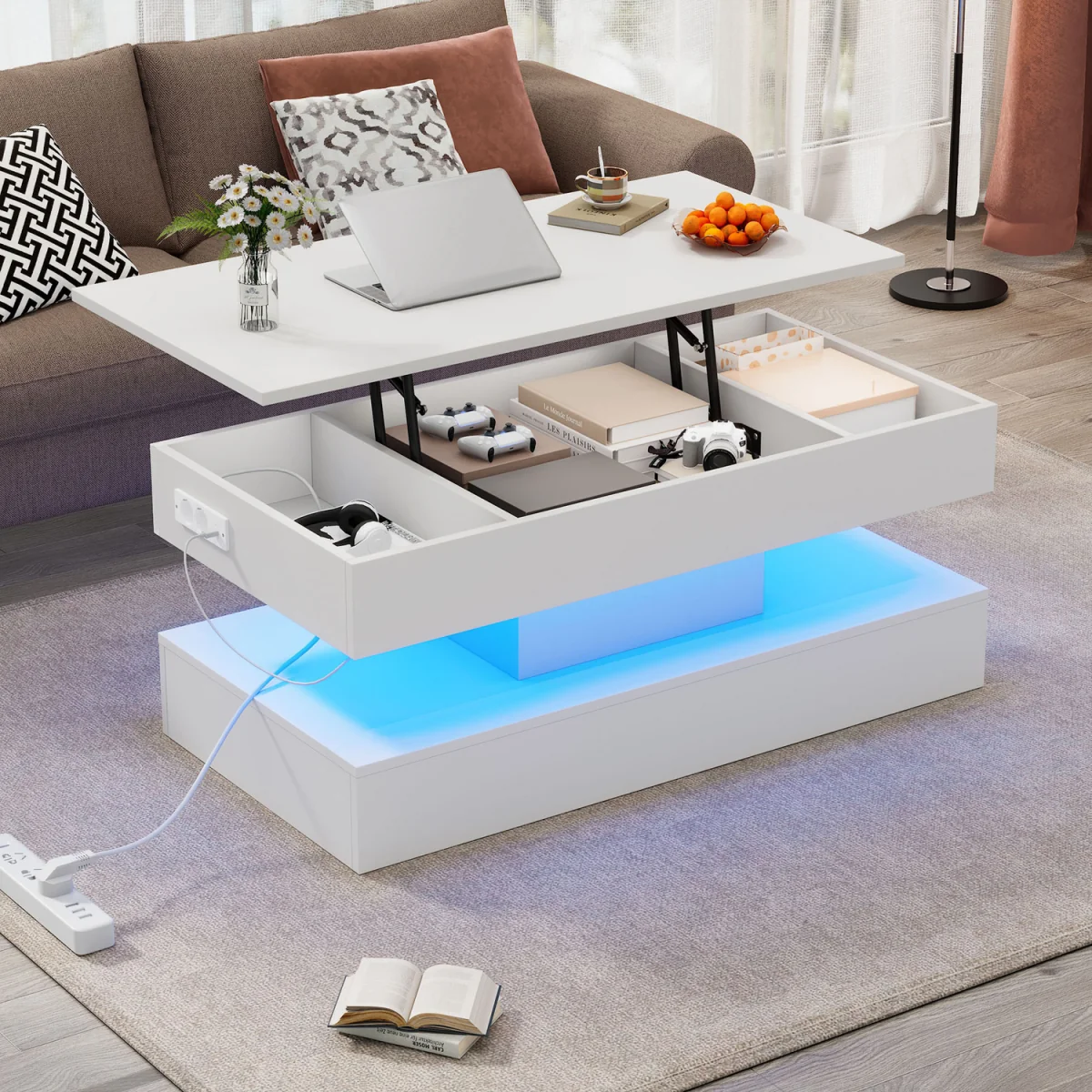 Modern Coffee Table with LED Lighting, Hidden Storage and Hydraulic Lift - White – image 9