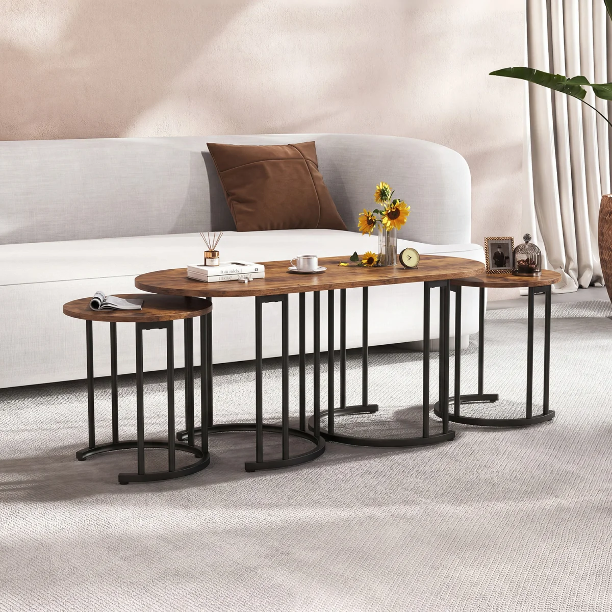 3 PCS 110 cm Nesting Coffee Table Set with 2 Side Tables – image 1