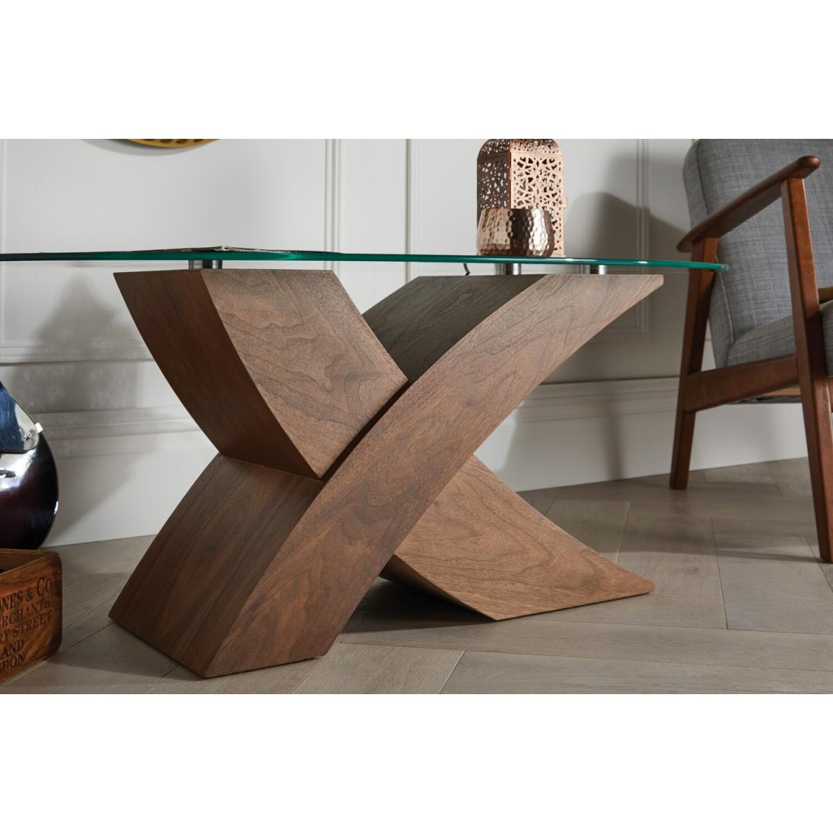 Milano Modern Oval "X" Coffee Table - Brown / Wood Glass MDF Tempered Glass – image 2