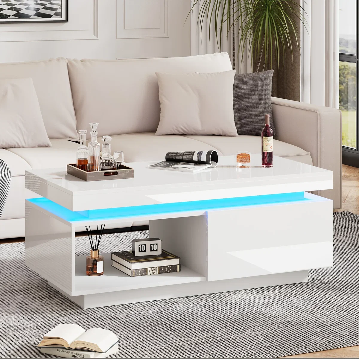 White High Gloss LED Coffee Table with Drawer Storage, Open Display Shelf and RGB Lighting - White – image 2