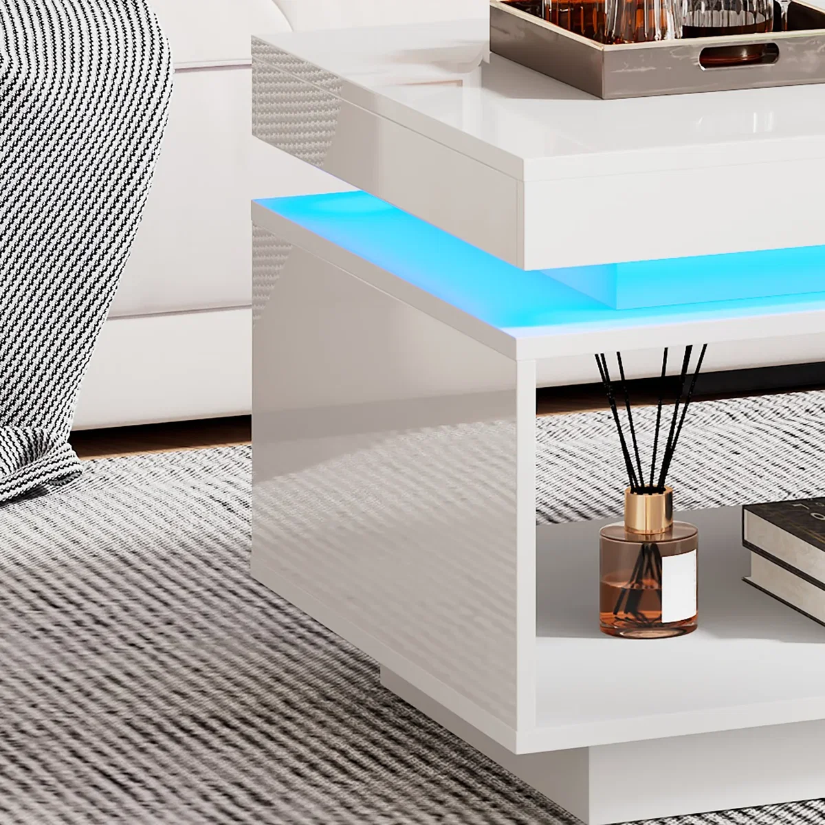 White High Gloss LED Coffee Table with Drawer Storage, Open Display Shelf and RGB Lighting - White – image 3