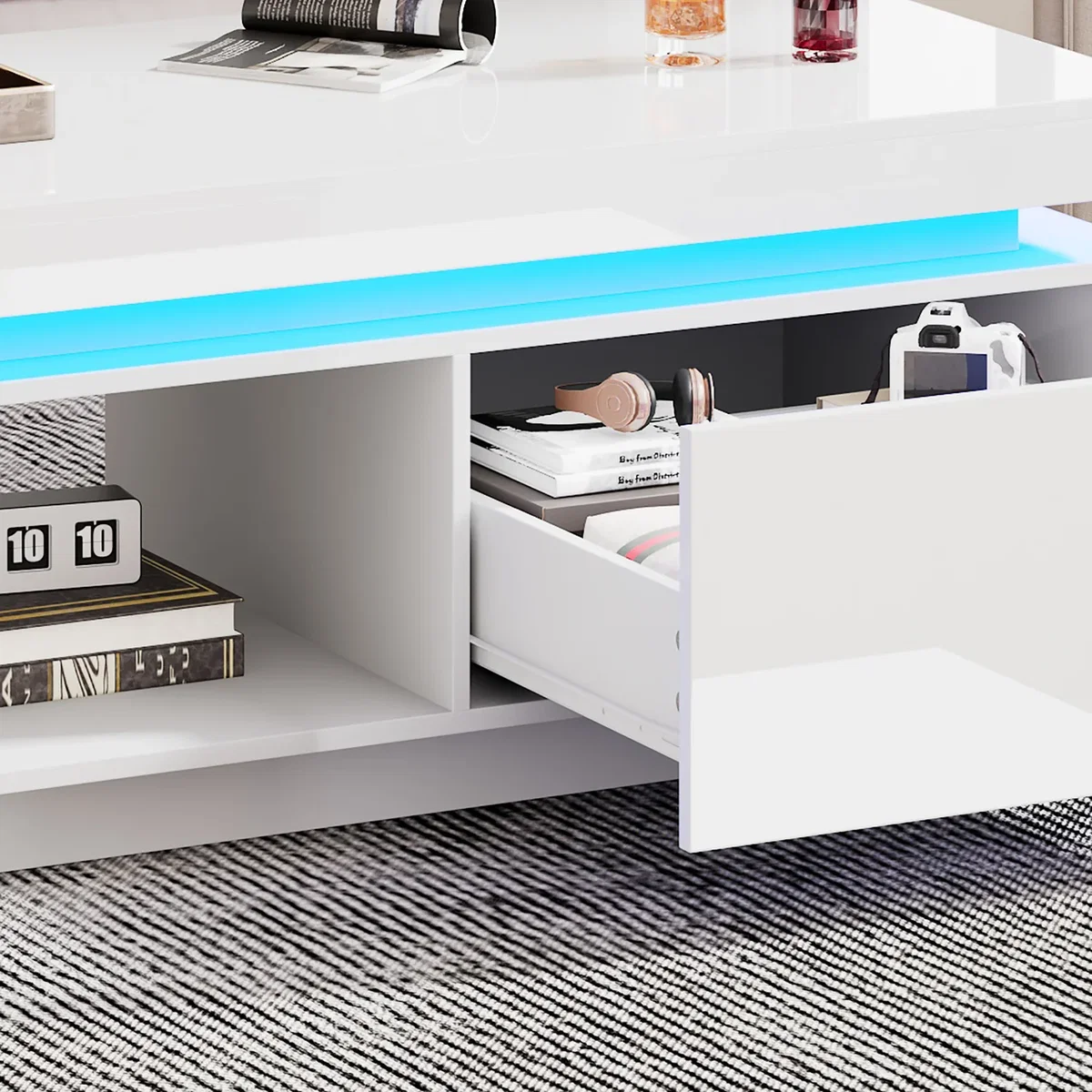 White High Gloss LED Coffee Table with Drawer Storage, Open Display Shelf and RGB Lighting - White – image 4
