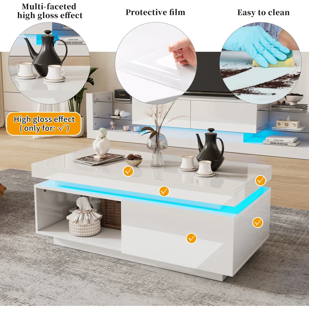 White High Gloss LED Coffee Table with Drawer Storage, Open Display Shelf and RGB Lighting - White – image 5
