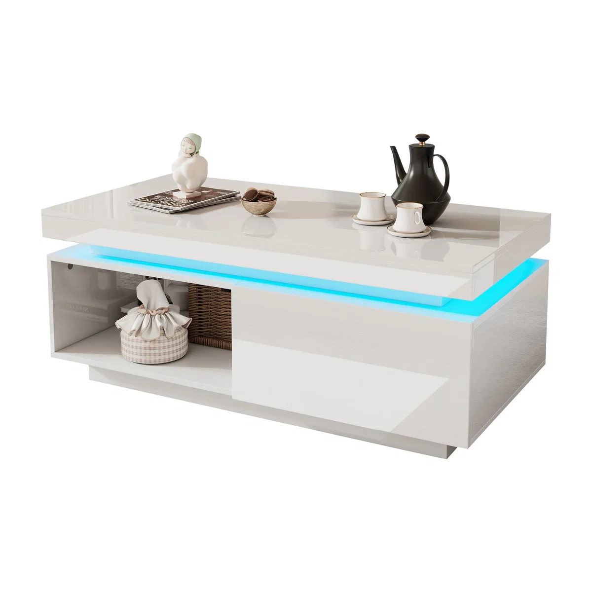 White High Gloss LED Coffee Table with Drawer Storage, Open Display Shelf and RGB Lighting - White – image 1