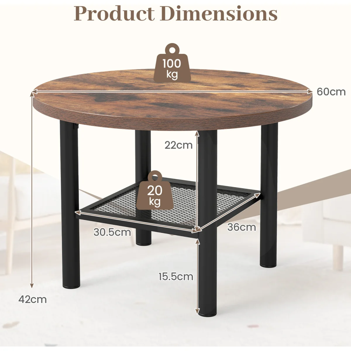 2 Tier Modern Circular Center Table - Rustic Brown – image 2