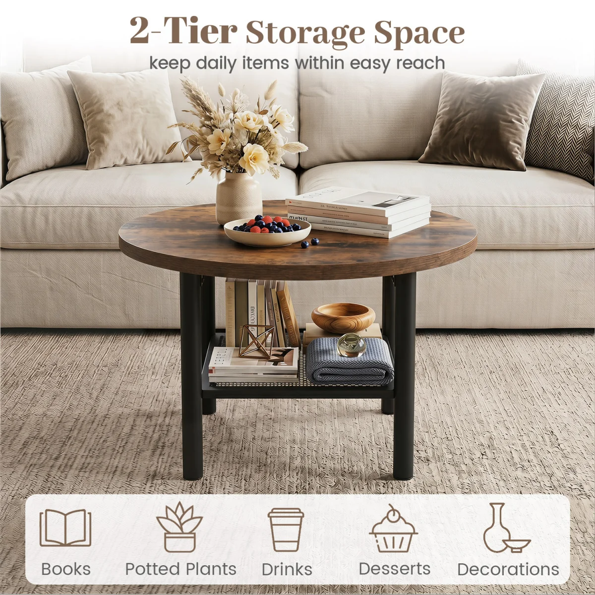 2 Tier Modern Circular Center Table - Rustic Brown – image 7