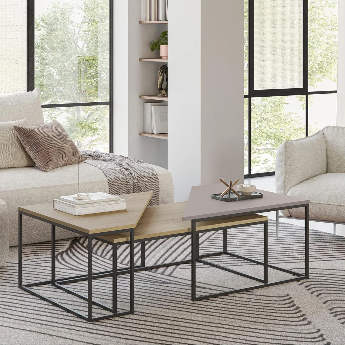 OhLady 3-Piece Nesting Coffee Table Set - Mocha Grey - Oak