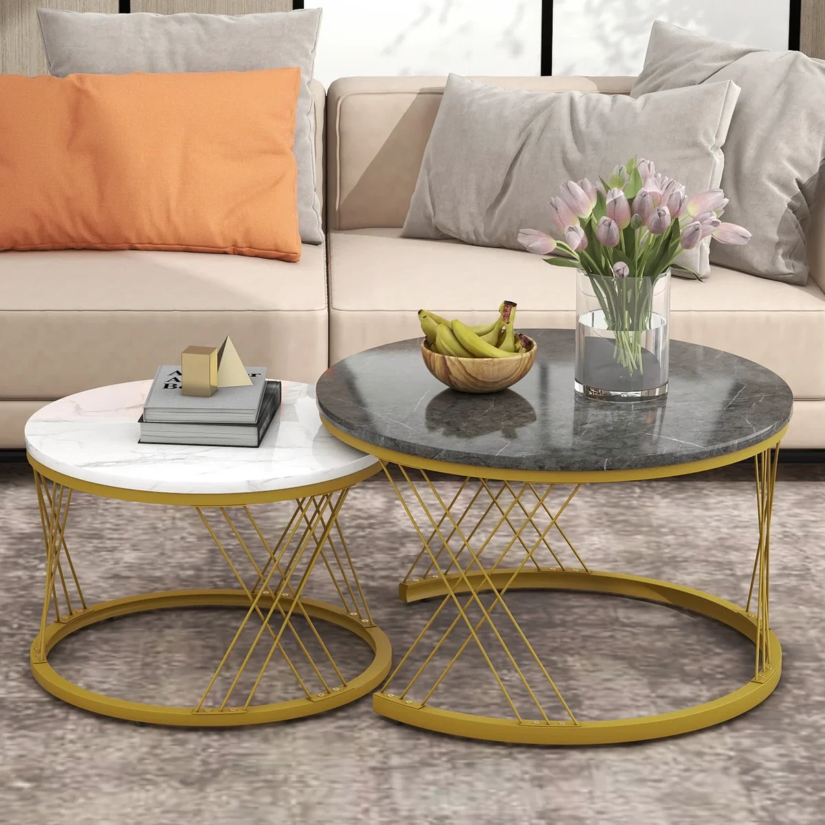Set of 2 Round Coffee Tables with Marble Pattern Tops and Metal Frames, White and Black - White+Black – image 2