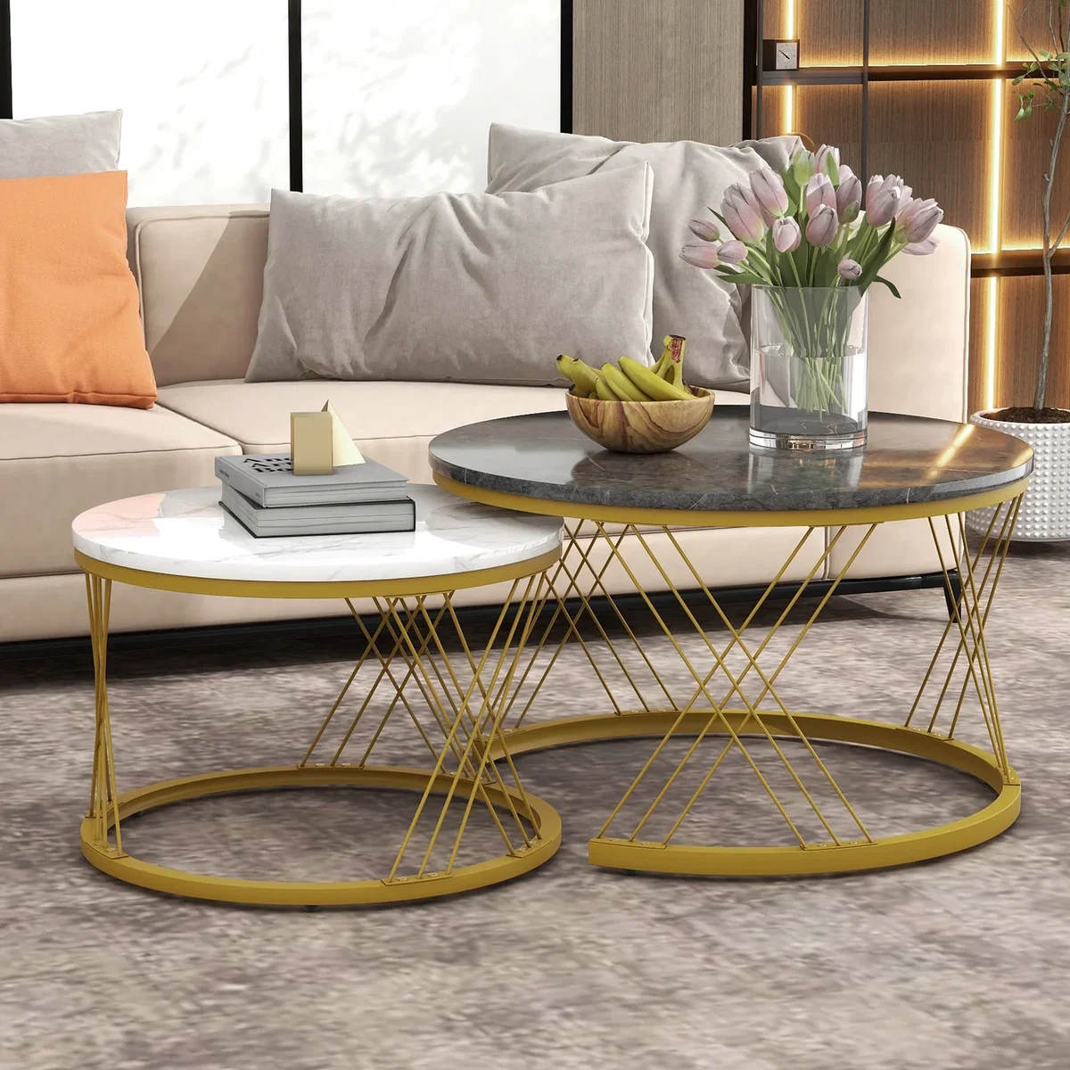 Set of 2 Round Coffee Tables with Marble Pattern Tops and Metal Frames, White and Black - White+Black – image 3