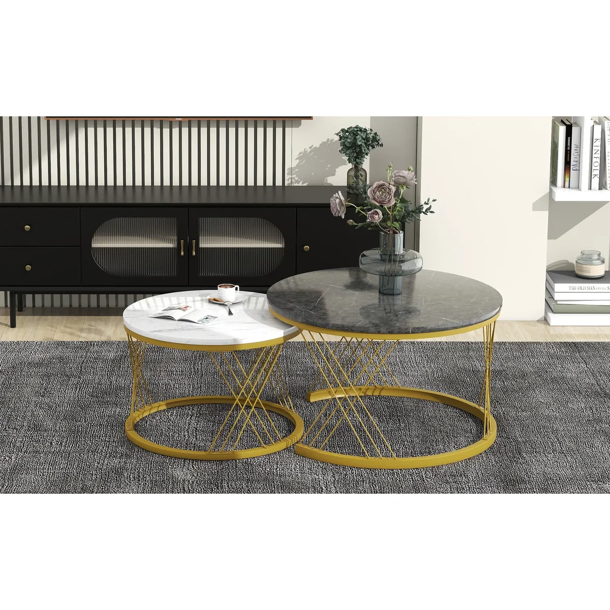 Set of 2 Round Coffee Tables with Marble Pattern Tops and Metal Frames, White and Black - White+Black – image 4