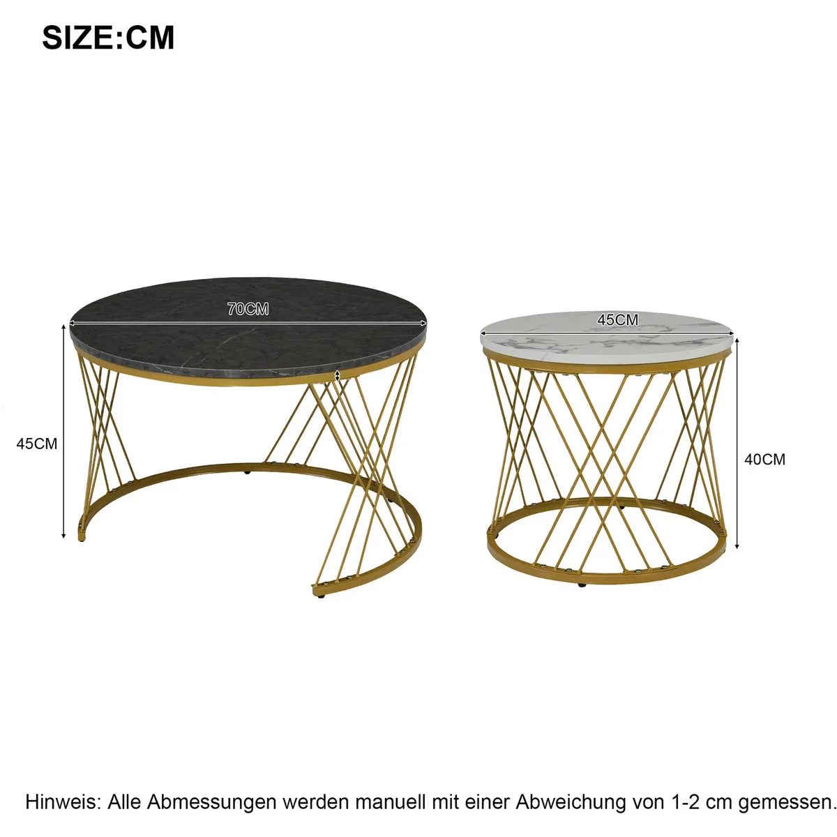 Set of 2 Round Coffee Tables with Marble Pattern Tops and Metal Frames, White and Black - White+Black – image 5
