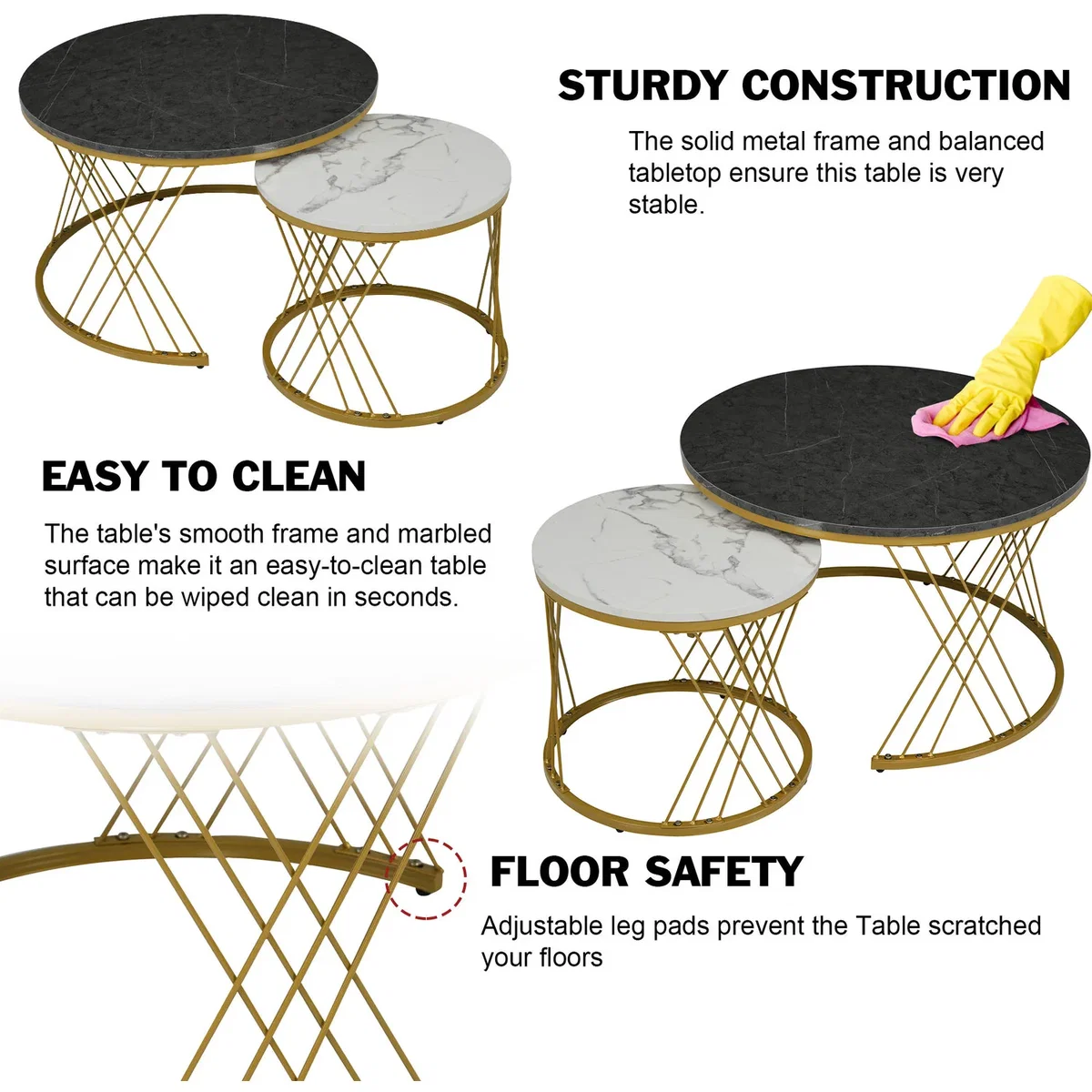 Set of 2 Round Coffee Tables with Marble Pattern Tops and Metal Frames, White and Black - White+Black – image 6