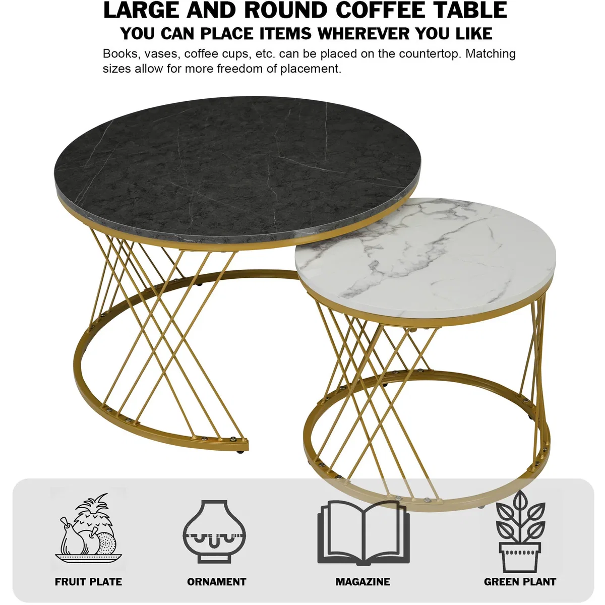 Set of 2 Round Coffee Tables with Marble Pattern Tops and Metal Frames, White and Black - White+Black – image 8