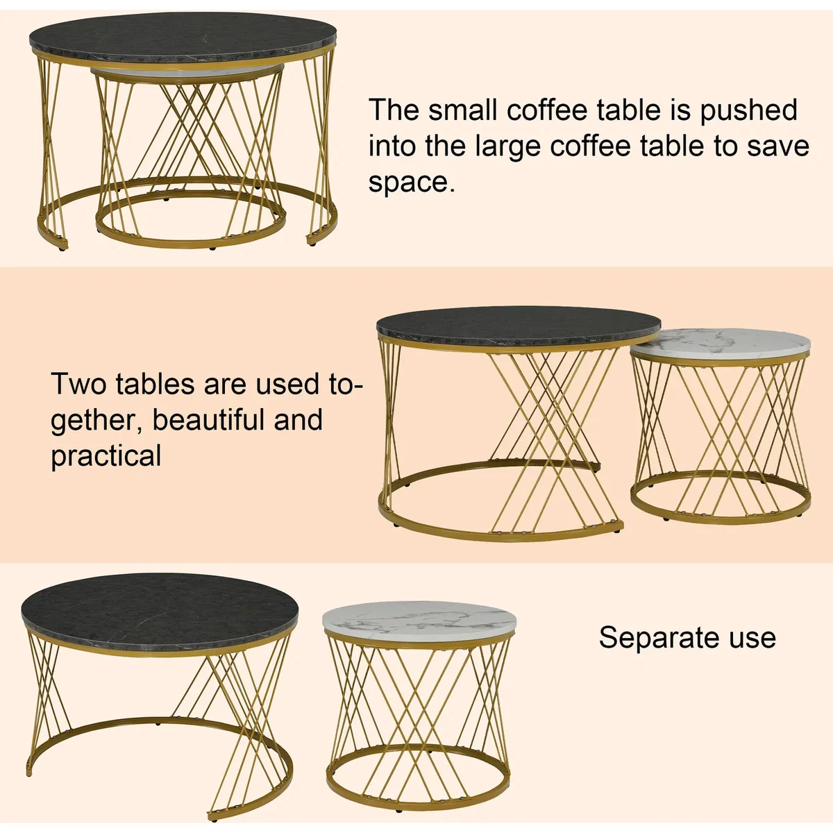 Set of 2 Round Coffee Tables with Marble Pattern Tops and Metal Frames, White and Black - White+Black – image 9