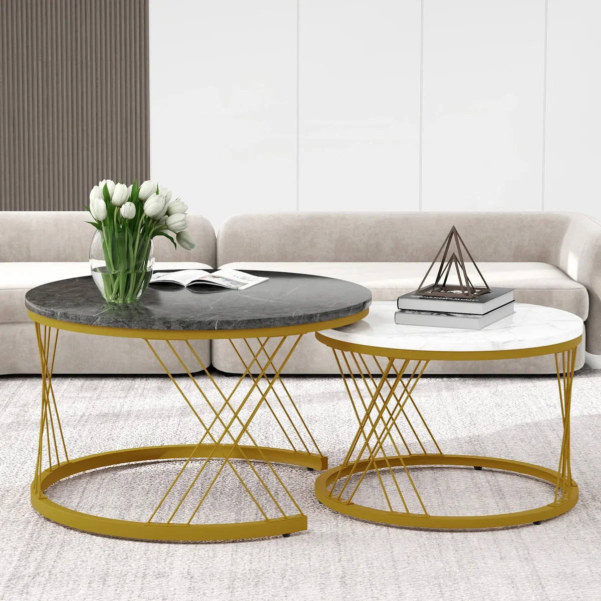 Set of 2 Round Coffee Tables with Marble Pattern Tops and Metal Frames, White and Black - White+Black – image 1