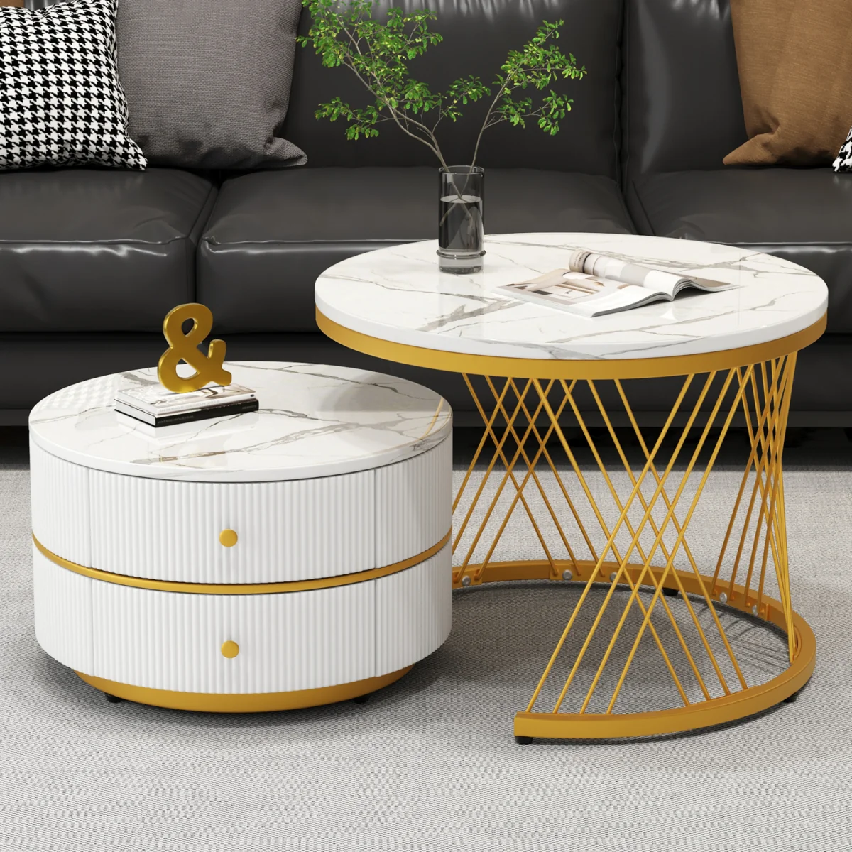 High Gloss Round Nesting Coffee Tables with Marble Top, Storage Drawers & Black Frames - Gold+White – image 2