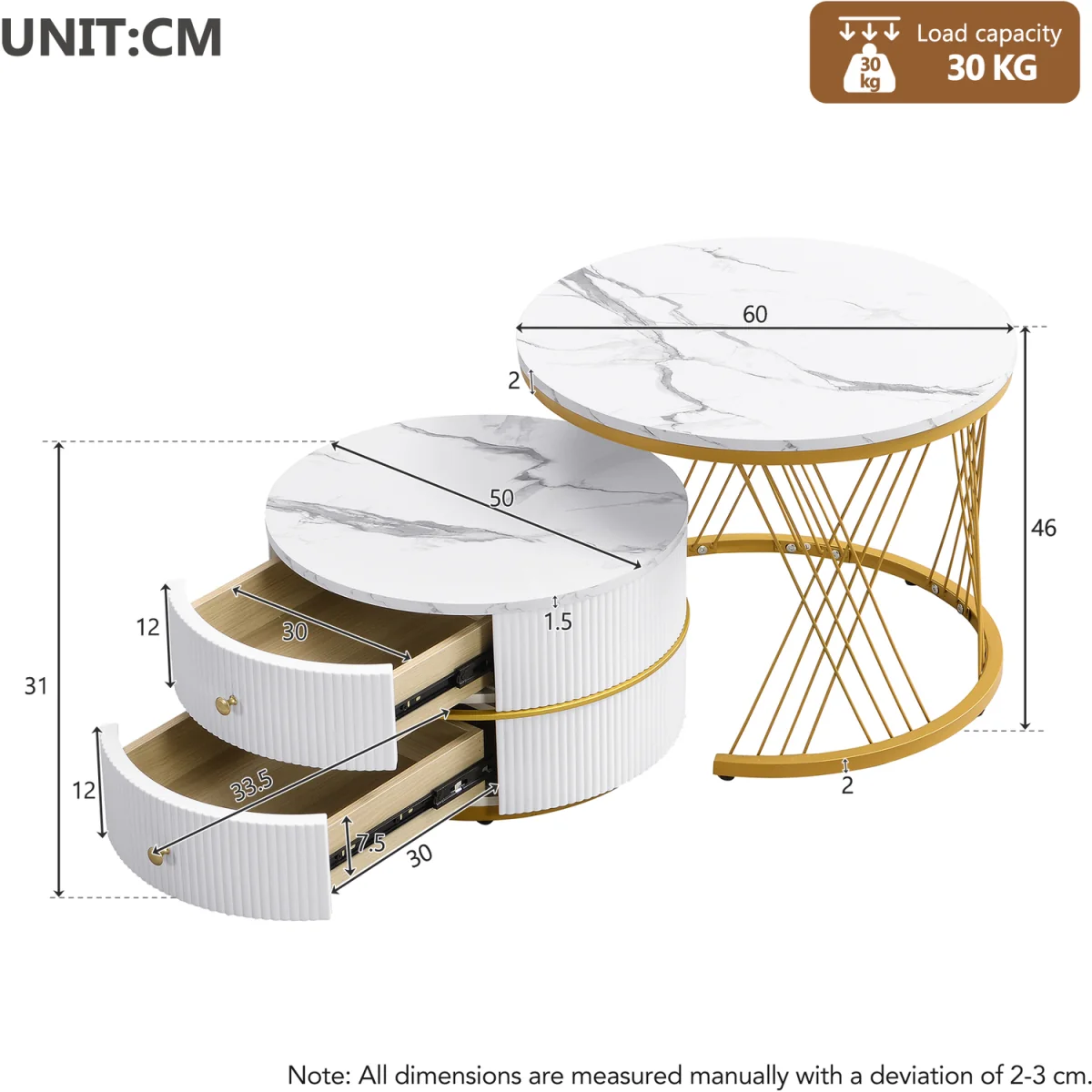 High Gloss Round Nesting Coffee Tables with Marble Top, Storage Drawers & Black Frames - Gold+White – image 3