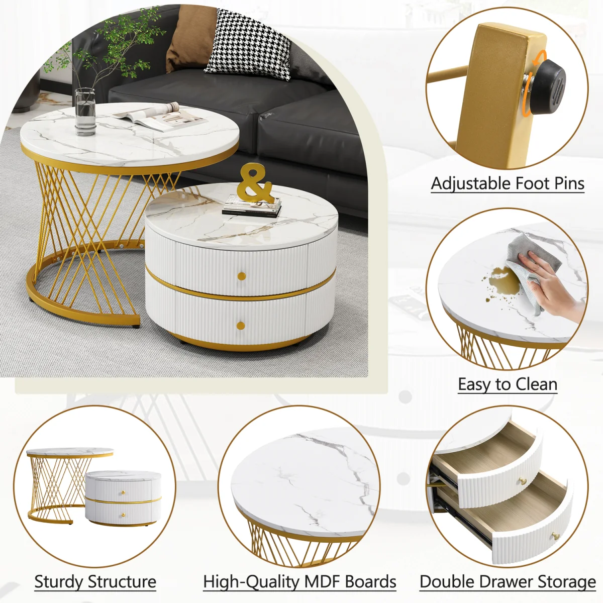 High Gloss Round Nesting Coffee Tables with Marble Top, Storage Drawers & Black Frames - Gold+White – image 4