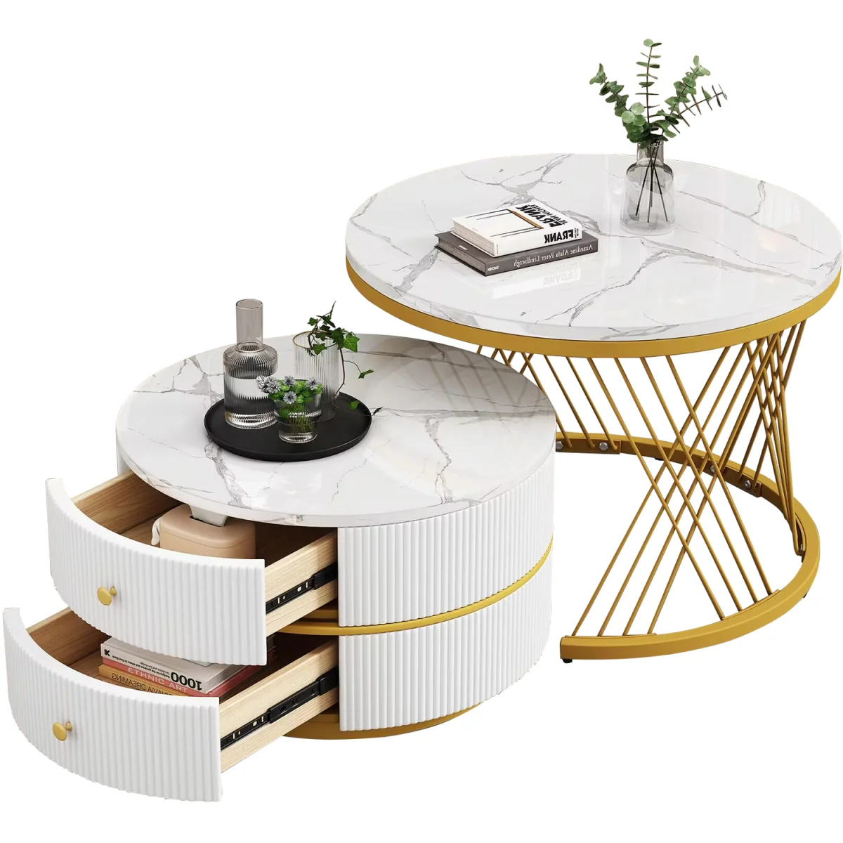 High Gloss Round Nesting Coffee Tables with Marble Top, Storage Drawers & Black Frames - Gold+White – image 5