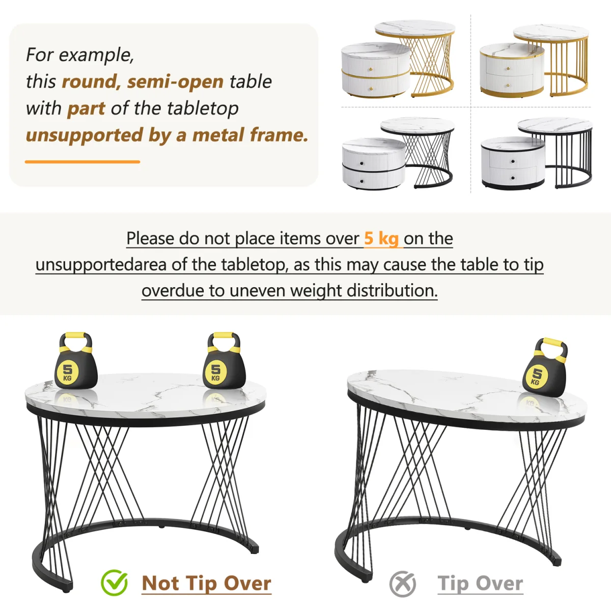 High Gloss Round Nesting Coffee Tables with Marble Top, Storage Drawers & Black Frames - Gold+White – image 6