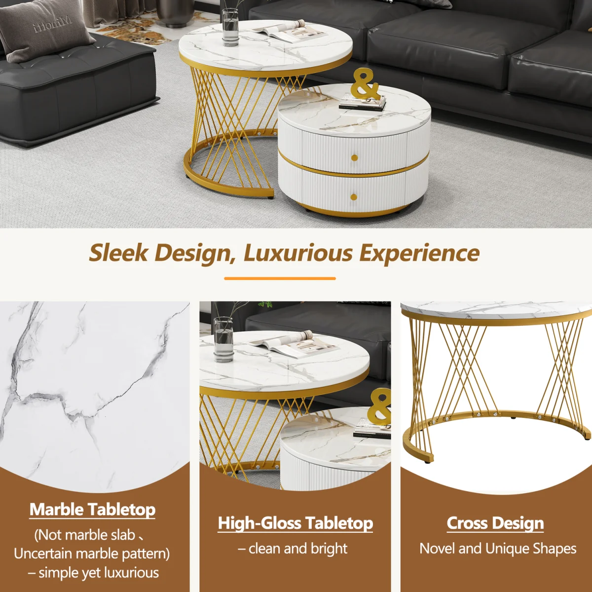 High Gloss Round Nesting Coffee Tables with Marble Top, Storage Drawers & Black Frames - Gold+White – image 7