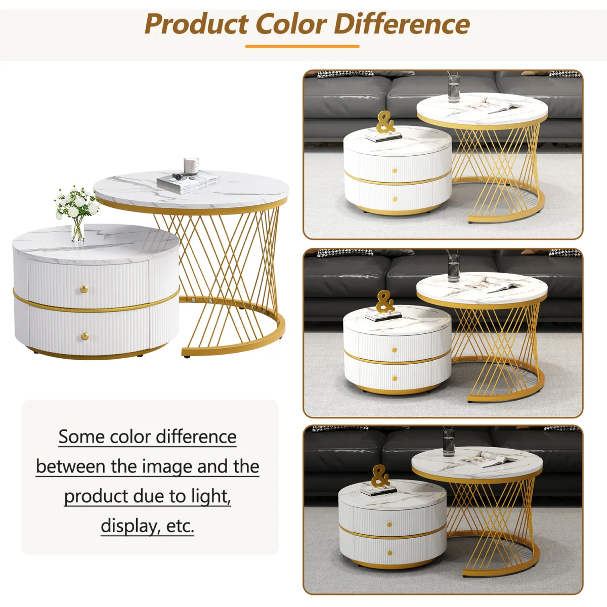 High Gloss Round Nesting Coffee Tables with Marble Top, Storage Drawers & Black Frames - Gold+White – image 8