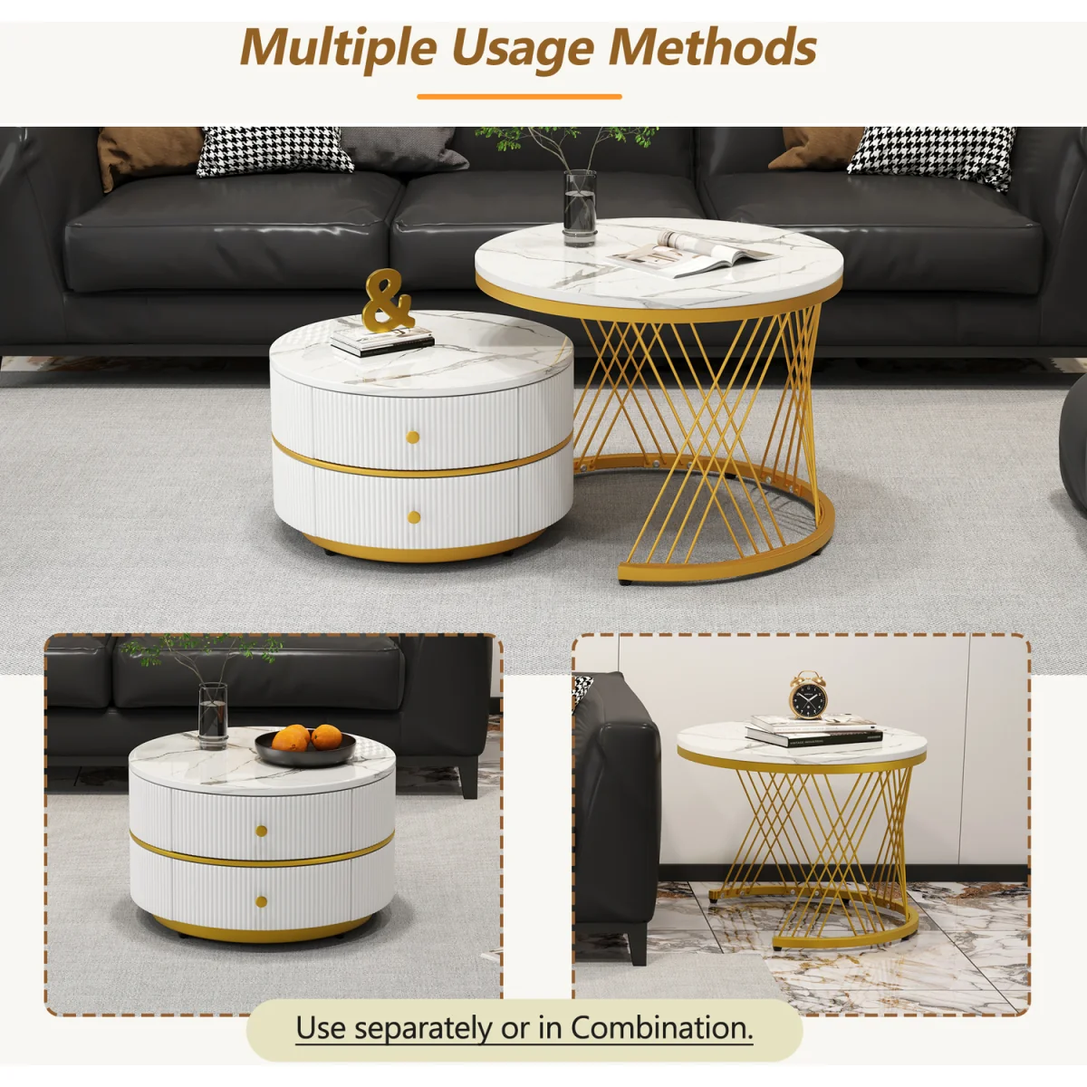 High Gloss Round Nesting Coffee Tables with Marble Top, Storage Drawers & Black Frames - Gold+White – image 9